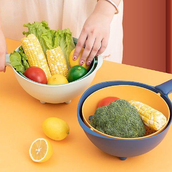Kitchen Double-layer Vegetable Washing Basin with Handle