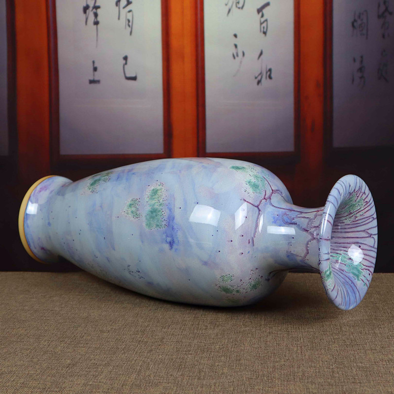 禹州钧瓷花瓶家居客厅陶瓷装饰大号插花花器窑变浅蓝色观音瓶摆件