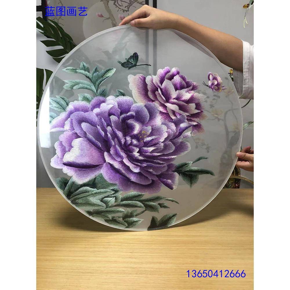 机器双面刺绣苏绣花开富贵牡丹半透明纱钢化玻璃装裱入户屏风玄关