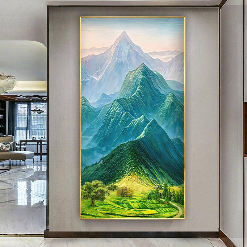 西墙聚财玄关挂画竖版青山图靠山画东墙对门山水画现代客厅装饰画