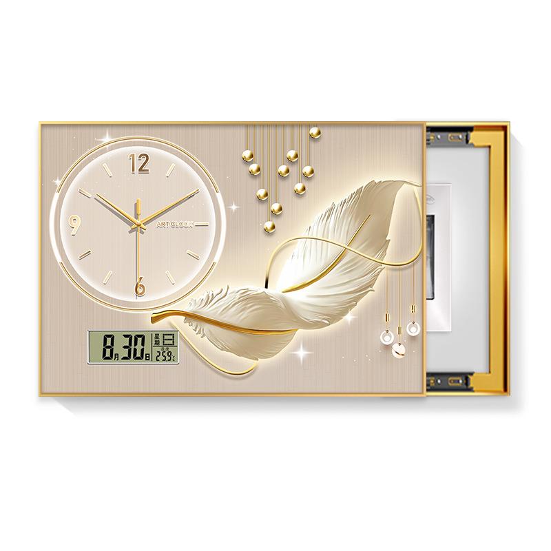 轻奢羽毛电表箱装饰画现代简约带钟表万年历遮挡配电箱电子钟挂画