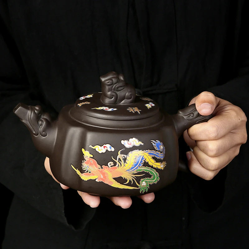 原矿手工紫砂遇热变色龙凤呈祥貔貅壶大容量凤鸣壶家用办公泡茶器