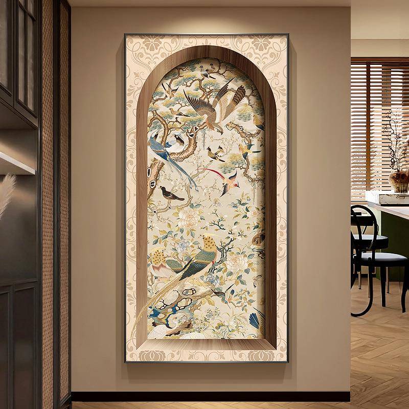 南洋复古风孔雀玄关装饰画花鸟走廊过道挂画客厅入户竖版带灯壁画图片