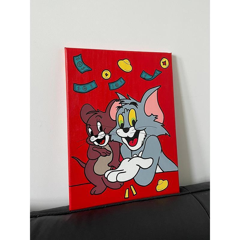猫和老鼠卡通油画人物儿童房装饰画美式复古客厅餐厅卧室床头挂画图片