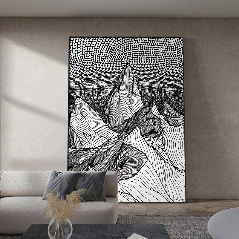 黑白抽象立体感客厅壁画大尺寸卧室落地画线条纹理入户玄关装饰画