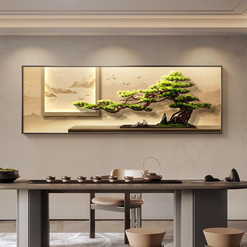 茶桌茶台客厅装饰画迎客松办公室挂画大气新中式山水沙发背景壁画