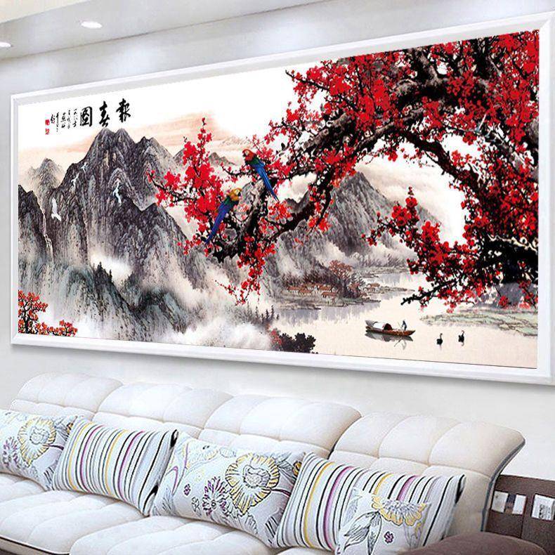 梅花报春图十字绣喜上眉梢线绣客厅大幅山水画手工绣满绣简约现代