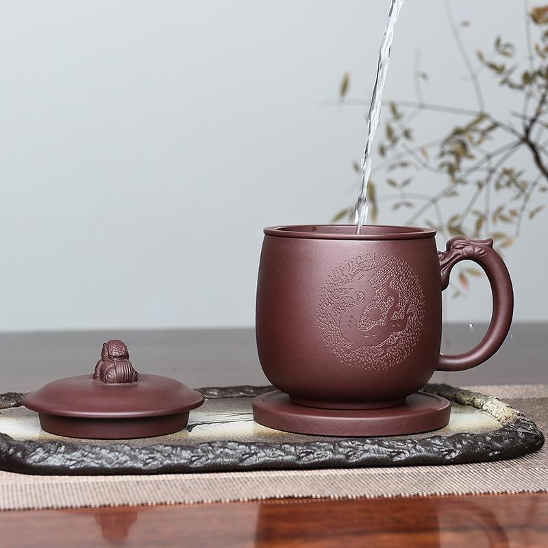 宜兴紫砂杯内胆过滤茶杯带盖杯子原矿全手工茶具紫泥隔舱杯龙貔貅
