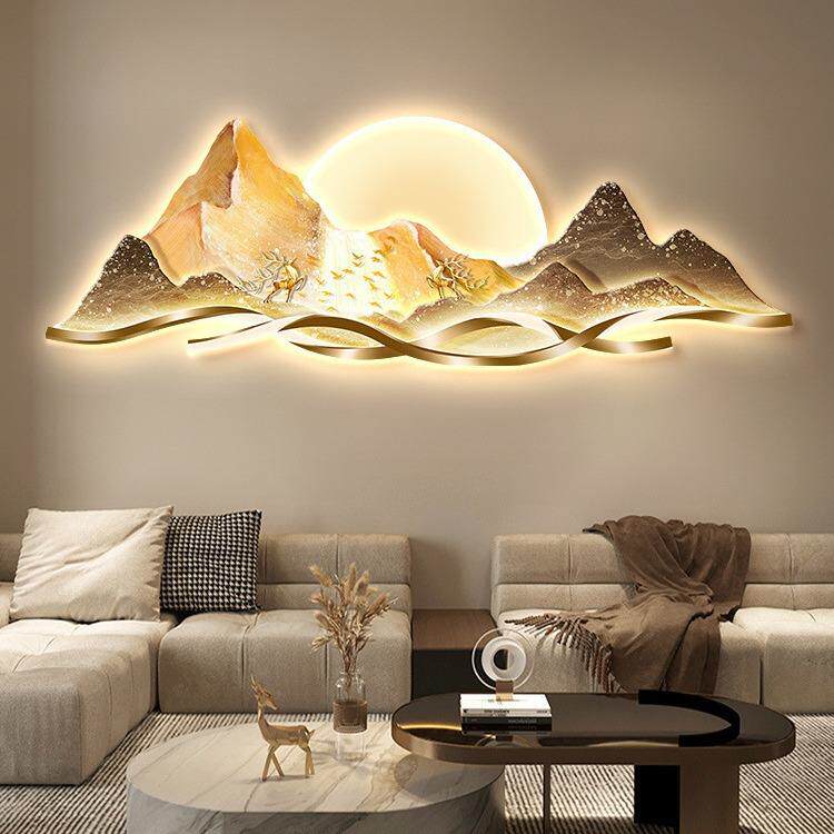 现代轻奢客厅装饰画背有靠山高级感大气山水壁灯画沙发背景墙挂画