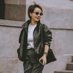 一支探戈 率性都市廓形羊皮革皮衣外套2619005 小个子极简