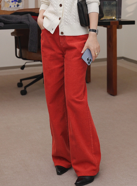 一支探戈丨小个子极简 1oo%棉慵懒风灯芯绒直筒红色休闲裤2610528