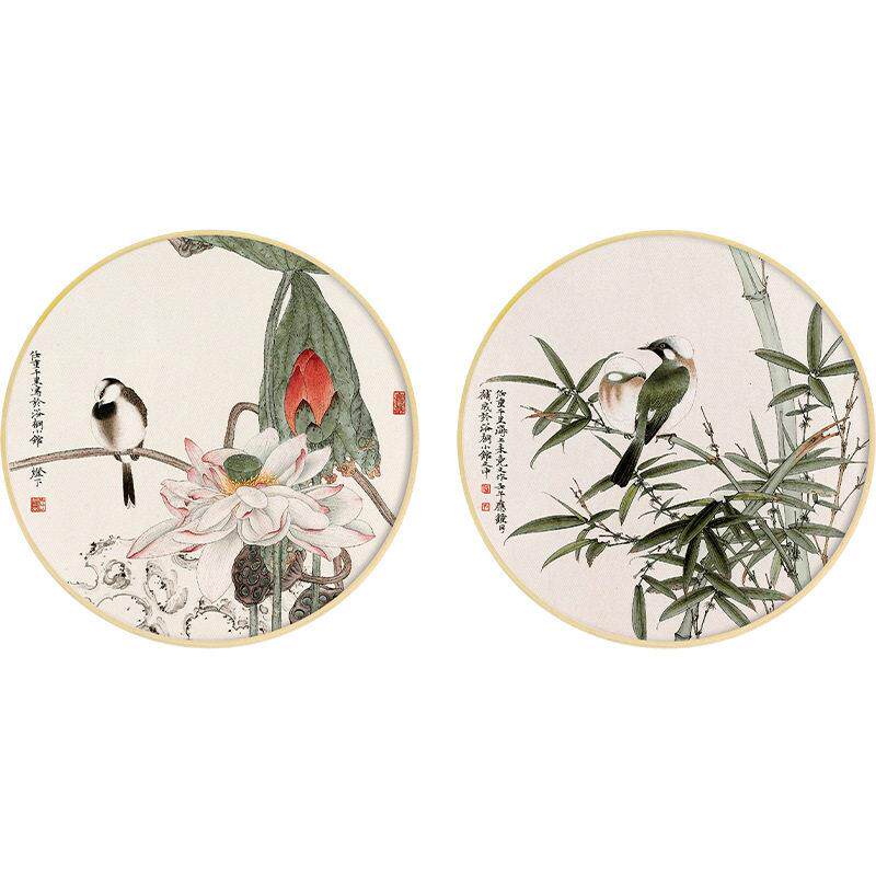 新中式原木风客厅装饰画圆形挂画花鸟翠绿竹子图小清新绿色壁画
