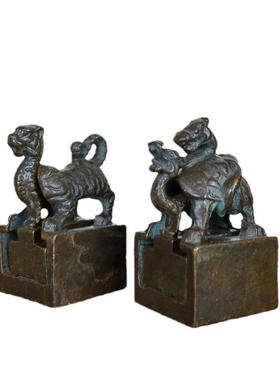 古玩杂项收藏仿古四兽印章子母套印合金印章四个一套书房装饰摆件