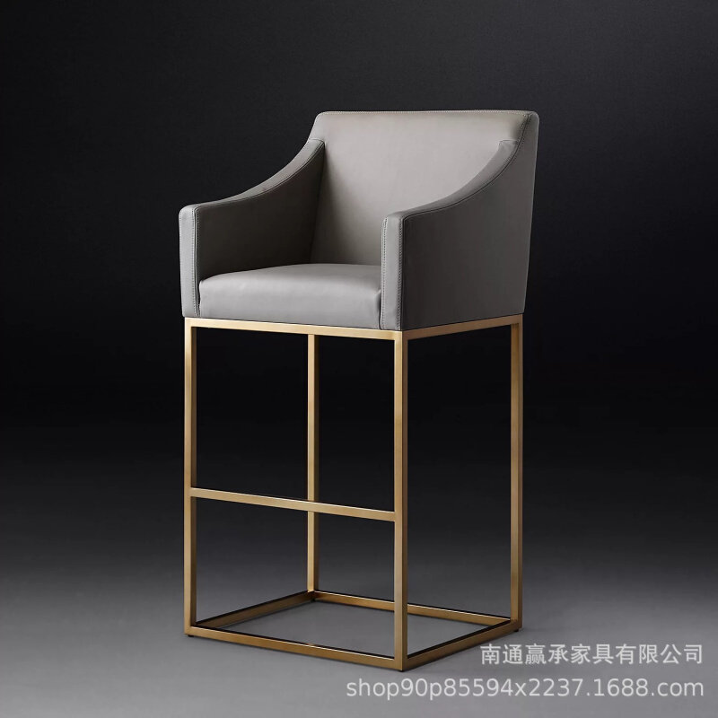 铁艺吧椅意式现代简约轻奢皮艺吧椅美式艺术不锈钢金属脚全皮吧凳