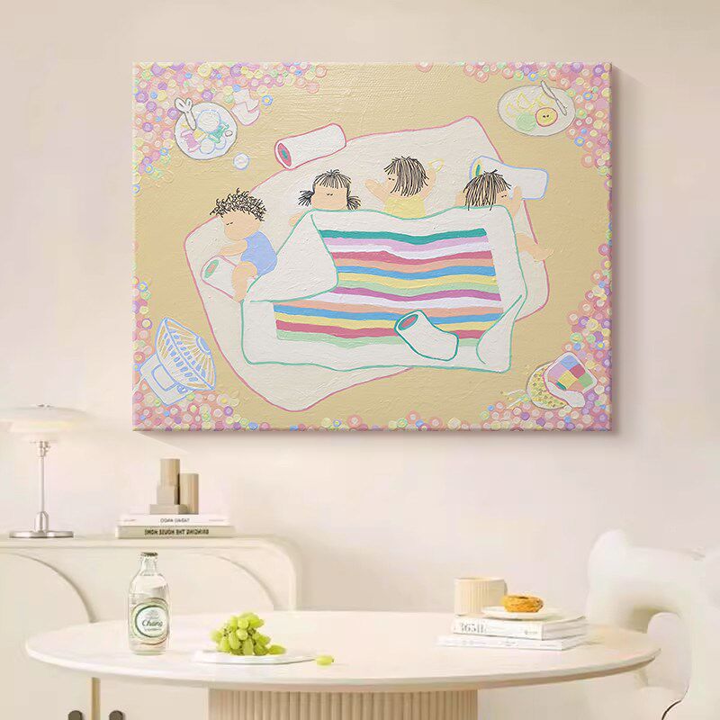 夏日午休儿童房卧室床头装饰画抽象小孩客厅挂画奶油风纯手绘油画
