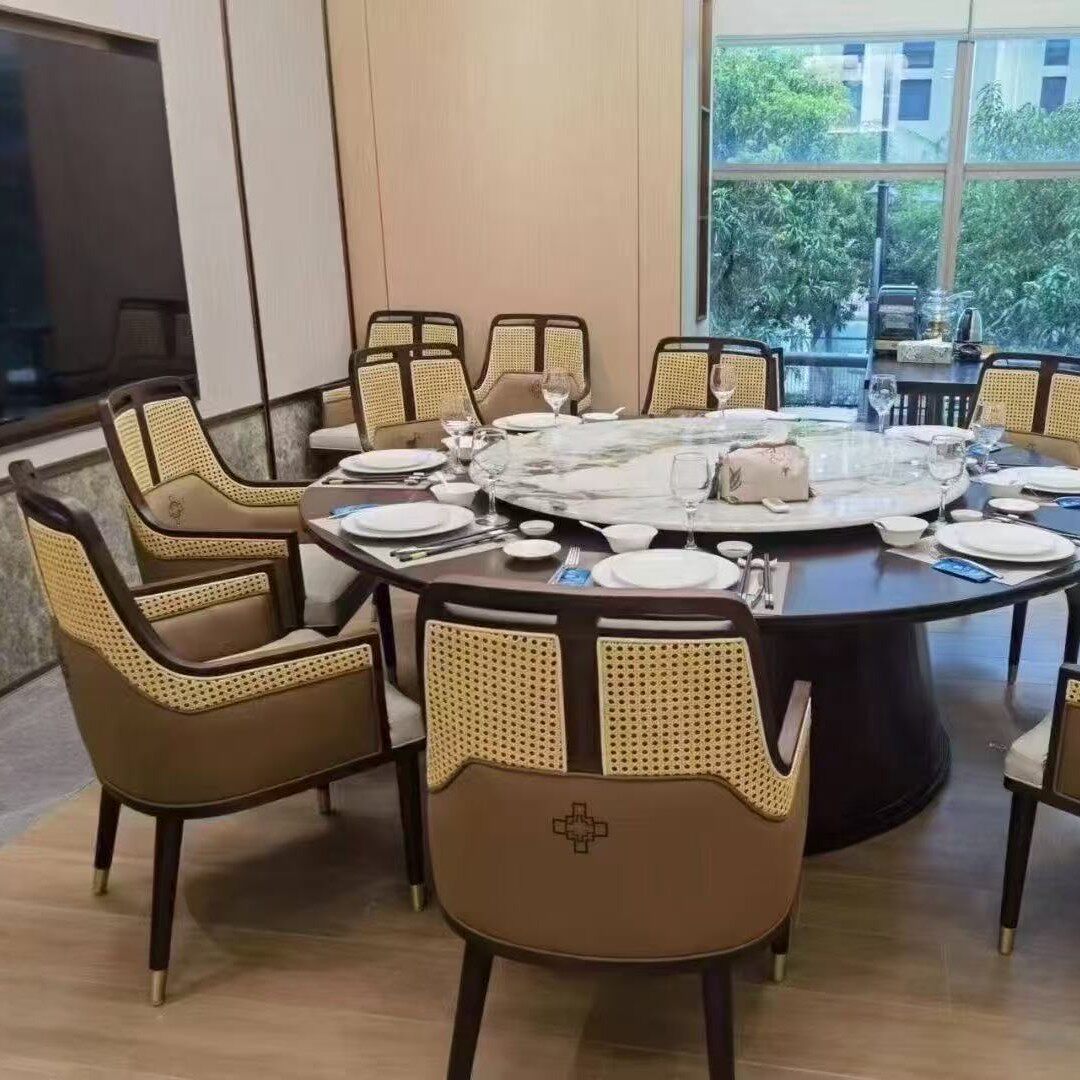 新中式酒店大圆桌轻奢实木饭店电动转盘圆形餐桌餐椅组合会所家具