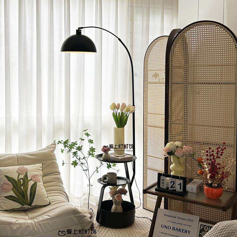 复古美式落地灯客厅沙发旁置物摆件边几中古风卧室床头柜台灯一体