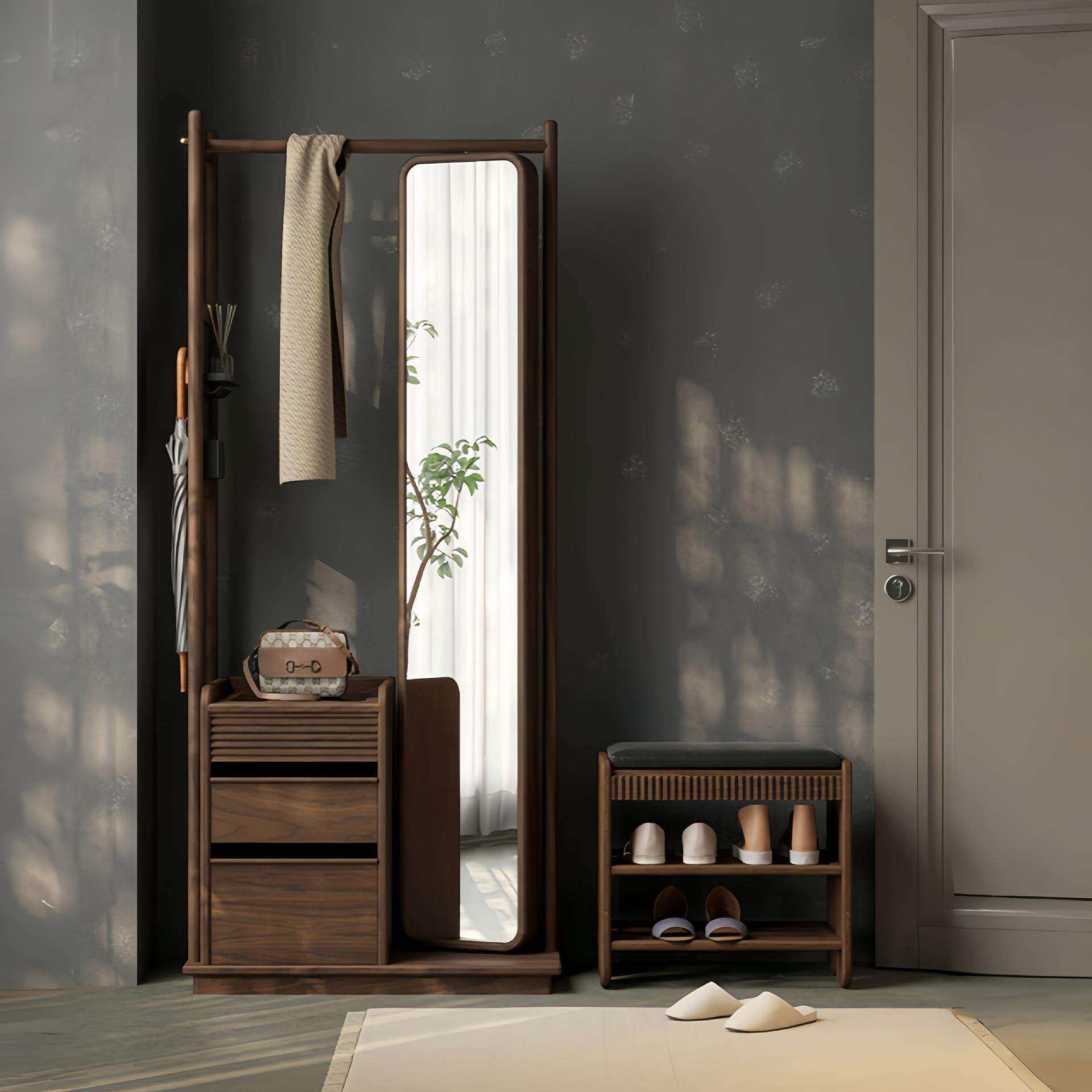 北美黑胡桃木全实木衣帽架落地卧室全身镜子家用穿衣镜一体挂衣架