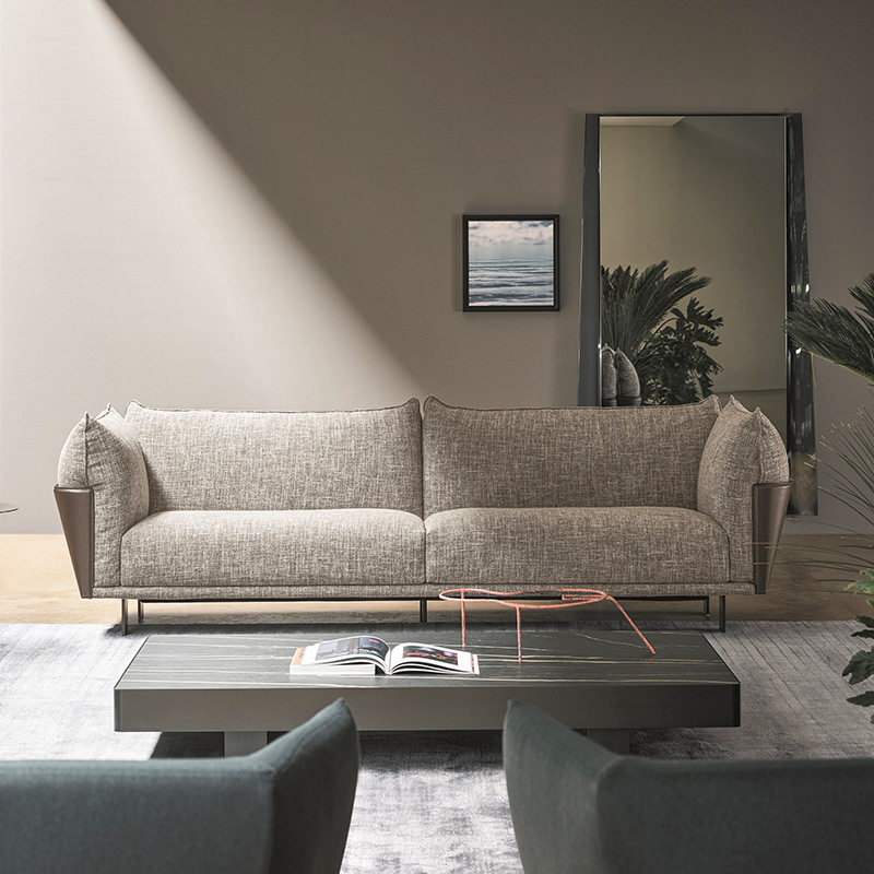 意式极简设计师款客厅直排三人贵妃皮布结合轻奢转角棉麻布艺沙发