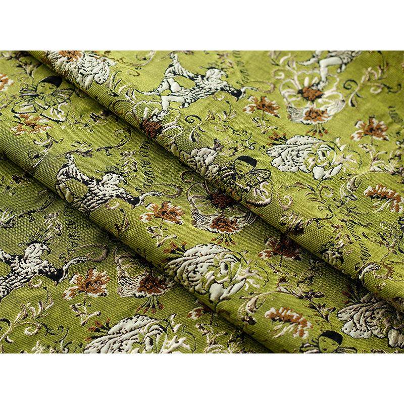 玫瑰庄园跳舞小丑色织提花面料金丝高密草绿时尚箱包手作浮雕布料