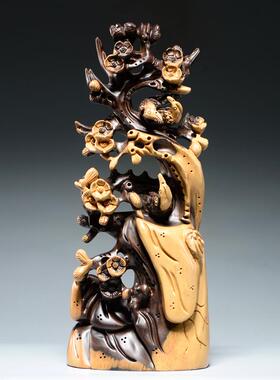 极速黑檀木喜上眉梢根雕梅花雕刻摆件红木家居装饰工艺礼品摆饰开