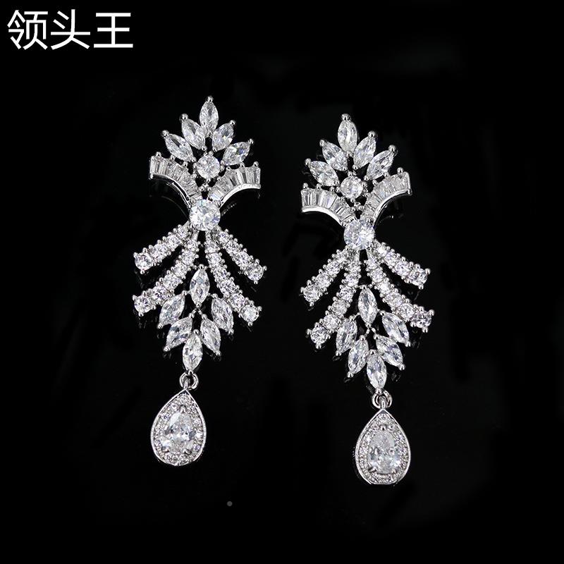 新款饰品欧美新娘奢华嘻哈夸张铜锆石吊坠首饰项链耳环两件式套装