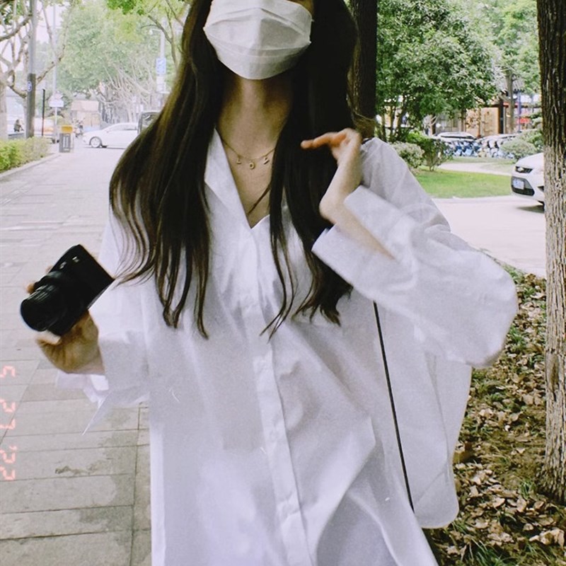 白色长袖衬衫女春秋新款欧货宽松设计感小众衬衣下衣失踪长袖上衣