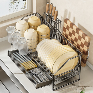 304不锈钢碗碟沥水架免安装厨房碗筷盘子收纳架多功能台面沥水篮
