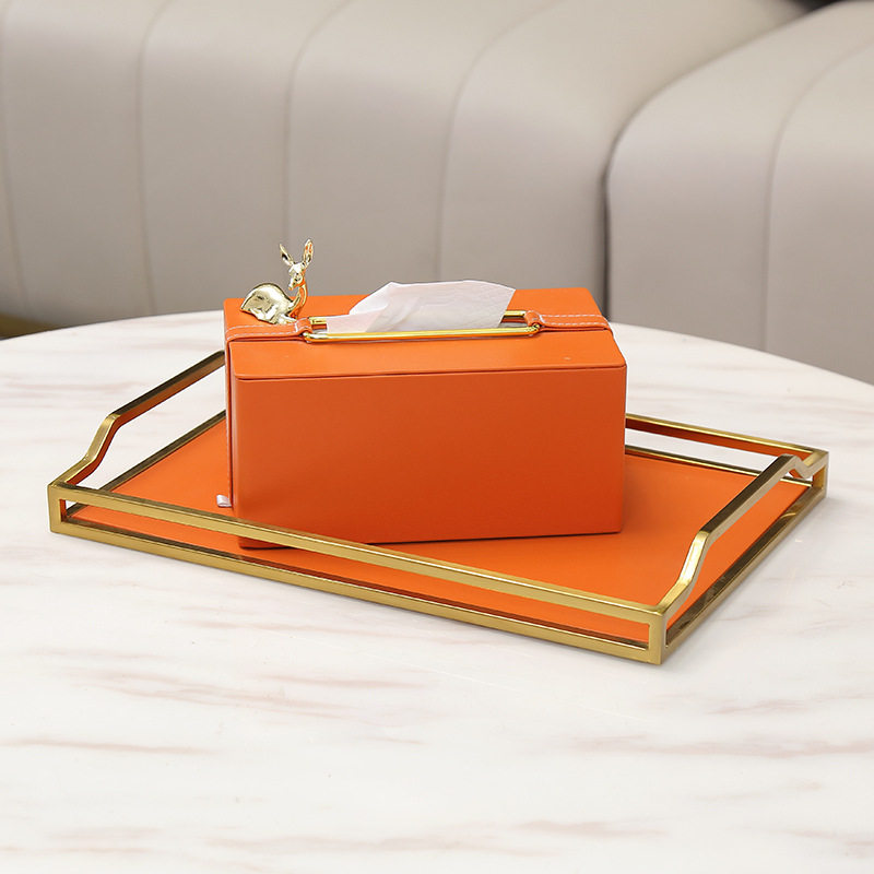 现代简约轻奢风橙色遥控收纳皮革纸巾盒茶几家用纸抽花艺托盘新品