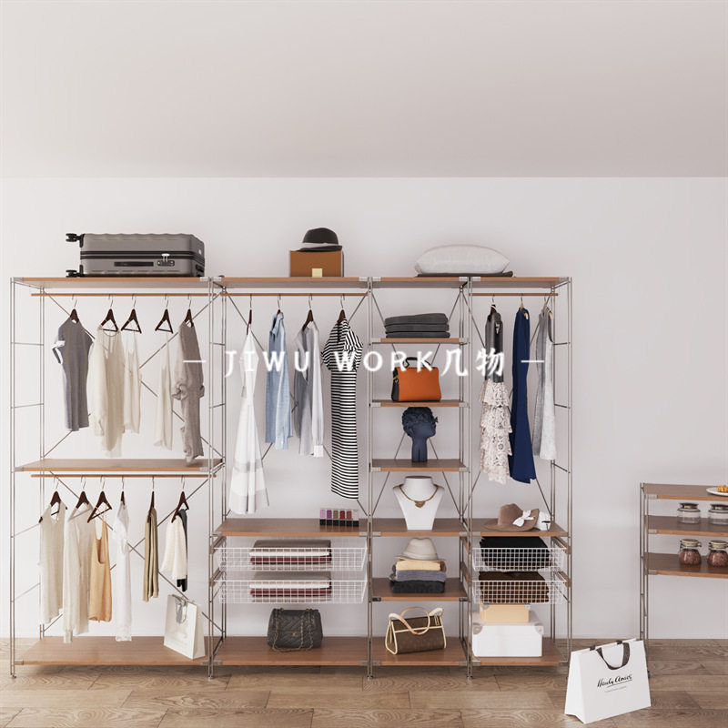 开放式简易衣柜组合衣帽架卧室落地挂衣架储物间收纳整理置物架