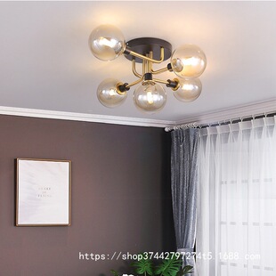 北欧后现代吸顶灯卧室灯轻奢玻璃圆球分子灯铁艺电镀个性家用灯具