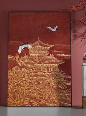 理中式装饰画客厅玄关壁画红色新楼仙鹤肌艺WTL阁术竖版走廊过道
