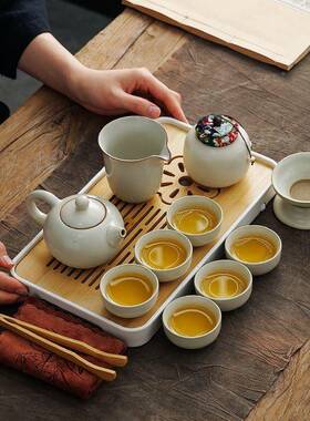 厂家直销米黄陶汝窑功夫旅行茶LNI具便套装壶家用户外携包瓷泡茶