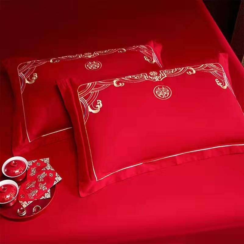 全棉枕套大红婚庆刺绣枕头皮宽边48*74cm一对装结婚枕头套带枕芯