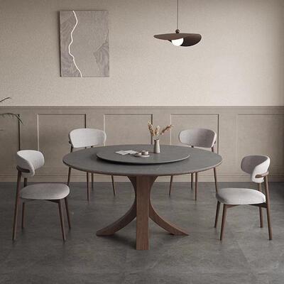 实木岩板餐桌小户型家用圆圆形带转盘现简意式KLY20241白代蜡木桌