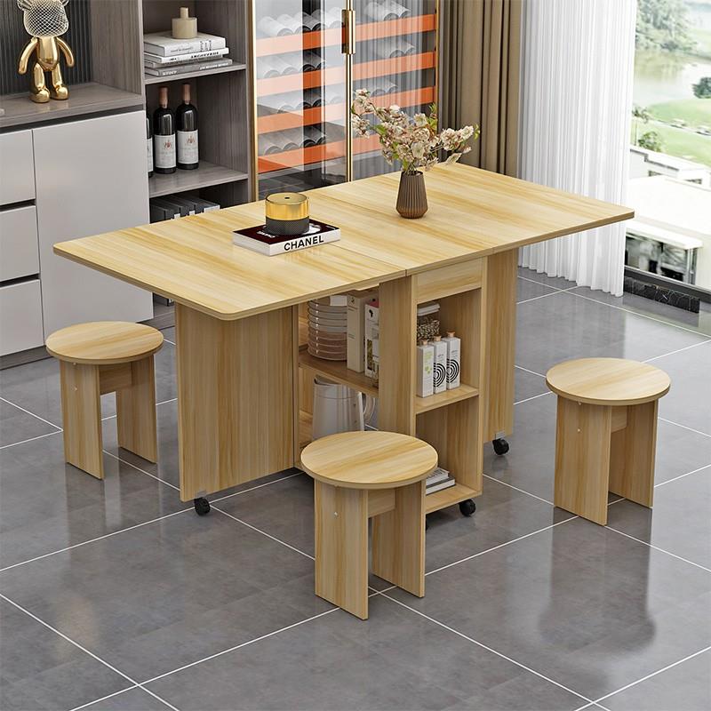 易ZuC折餐桌家用户型可移动带轮多功能叠一桌四小椅简长NKQ方形吃