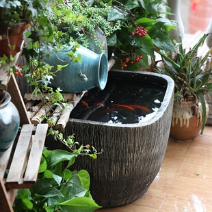 仿石鱼缸大号陶瓷鱼缸客厅落地摆件家用造景荷花缸方形养鱼盆粗陶