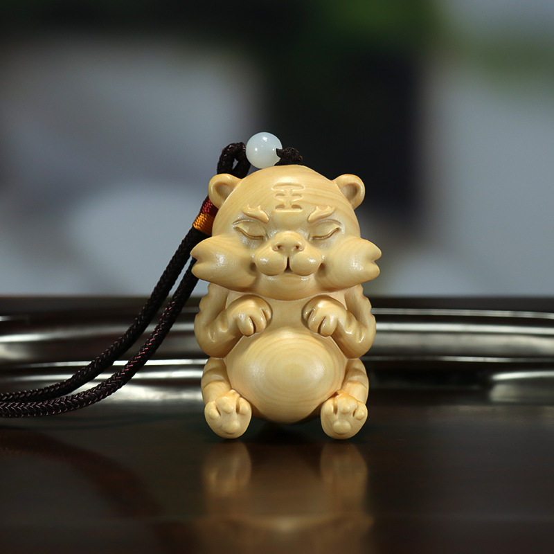 黄杨木雕盘玩手把件汽车挂件文玩木质摆件生肖老虎家居客厅装饰品