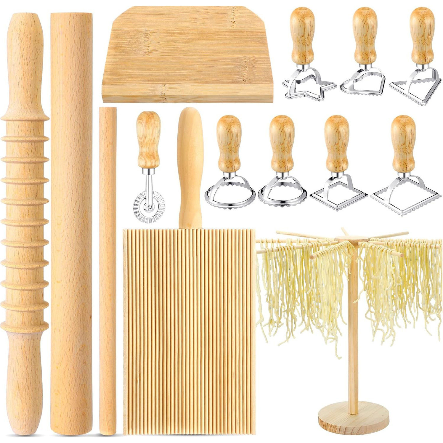 跨境热销14件套意大利面制作工具木制刮板擀面杖饺子制作DIY套装