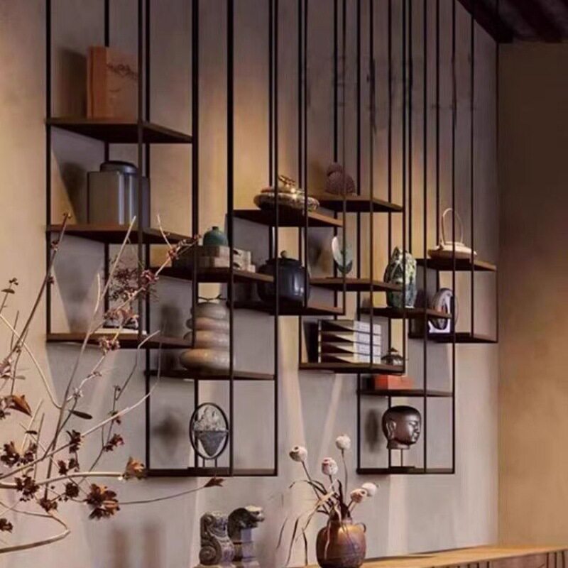 中式实木多层板壁挂茶室悬挂置物架展厅架背景隔断架装饰铁艺吊架