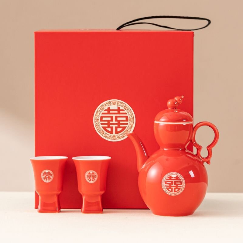 结婚敬酒杯套装红色陶瓷酒壶小酒杯分酒器喜酒中式婚礼新人交杯酒