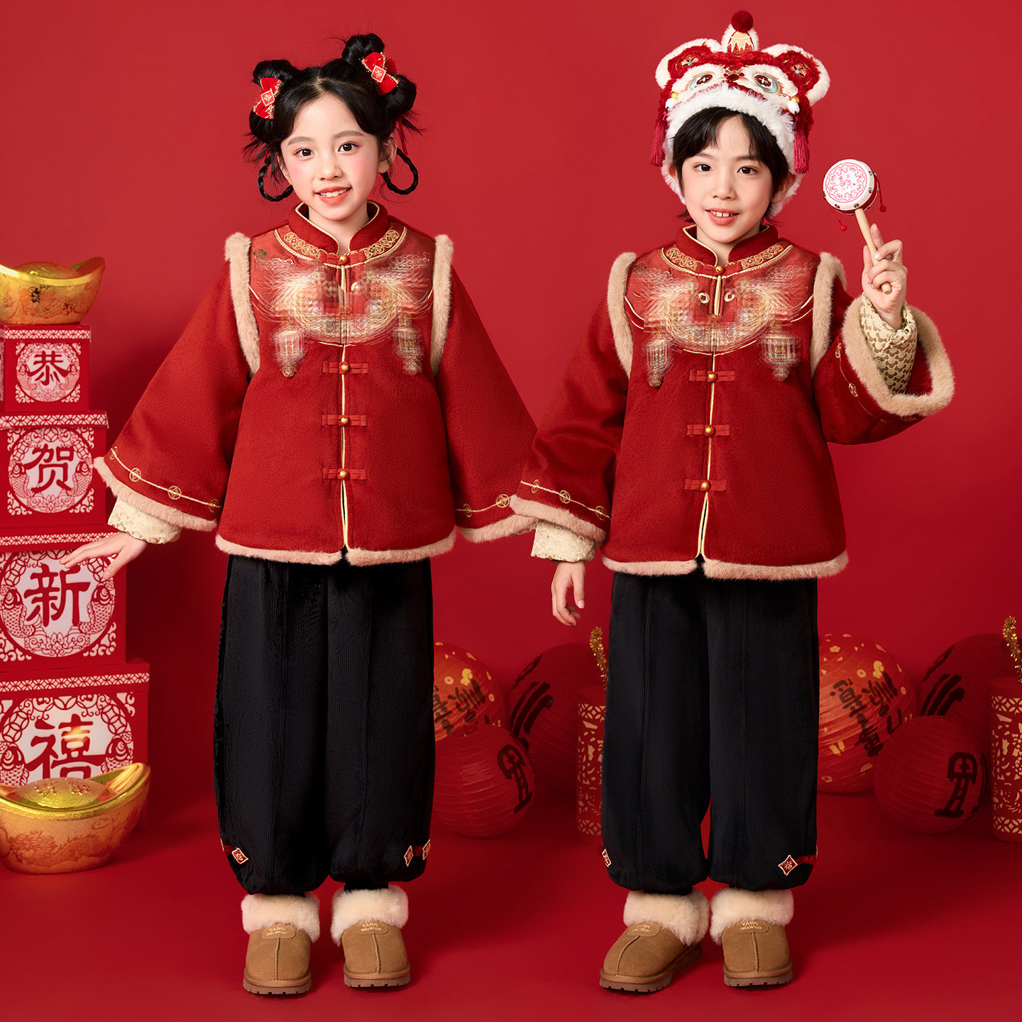 儿童拜年服男女宝宝过年演出服新中式唐装国风加厚新年服周岁礼服