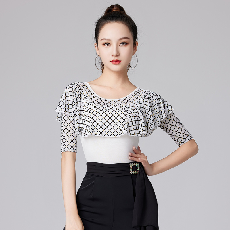 日本品质拉丁舞上衣女新款圆领摩登舞服装荷叶边舞衣中袖华尔兹练