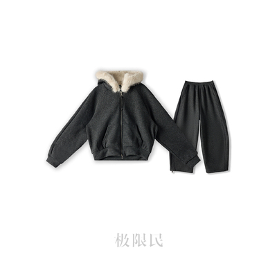 休闲百搭毛领外套加绒长裤套装