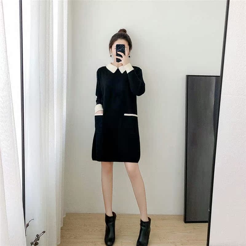 网红2019新款仿貂毛领中长版毛衣女气质女裙秋冬拼接针织打底衫女
