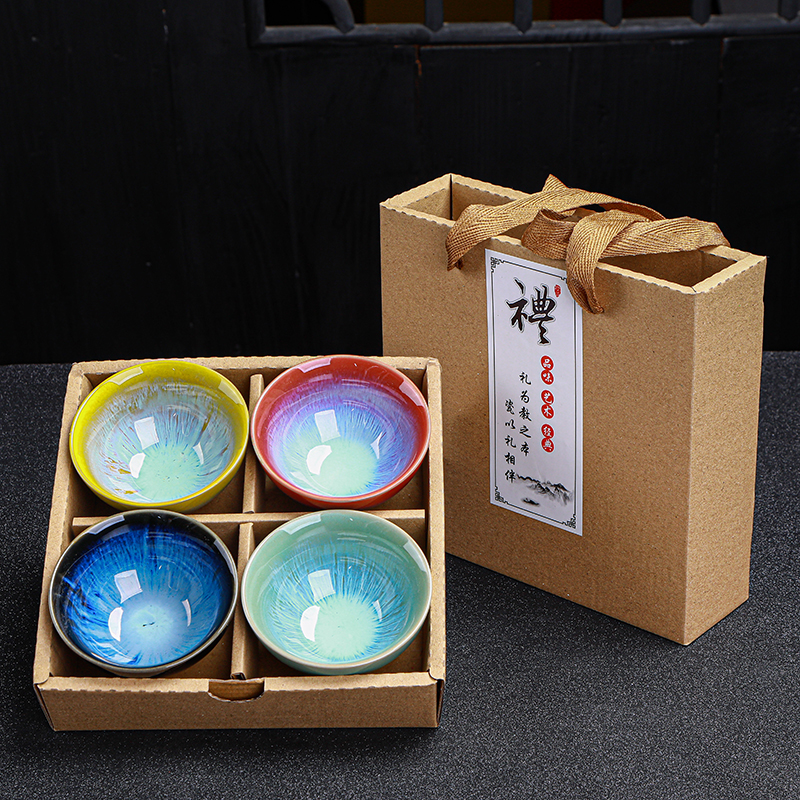 钧瓷主人杯功夫茶杯套装家用4只陶瓷窑变茶具茶碗建盏茶盏礼盒装