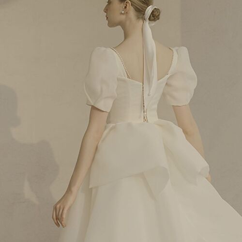极速2021 Korea Style Sweetheart Puffy Sleeve Satin A-Line Ba