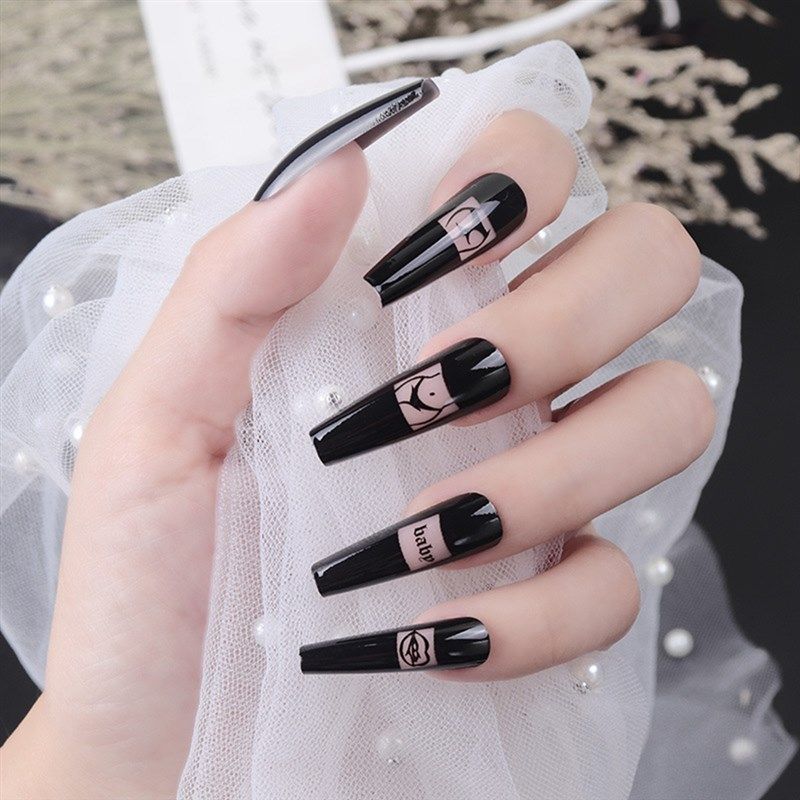 24Pcs Press On Nails Coffin False Nails Sexy Patn Design Bla