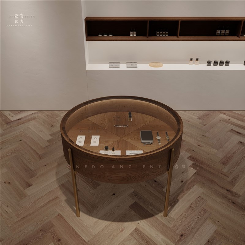 圆形多功能玻璃中岛展柜珠宝首饰眼镜精品展示柜子不锈钢镀金定制