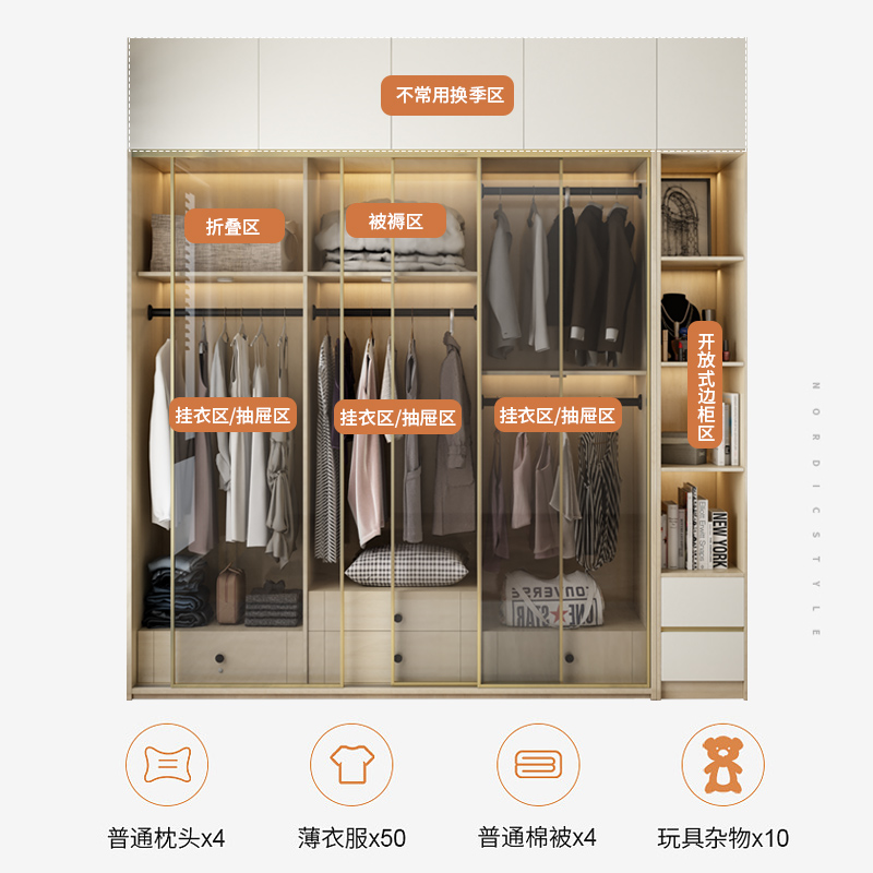 推拉门衣柜多层实木现代简约柜子家用卧室奶油色风玻璃移门大衣橱